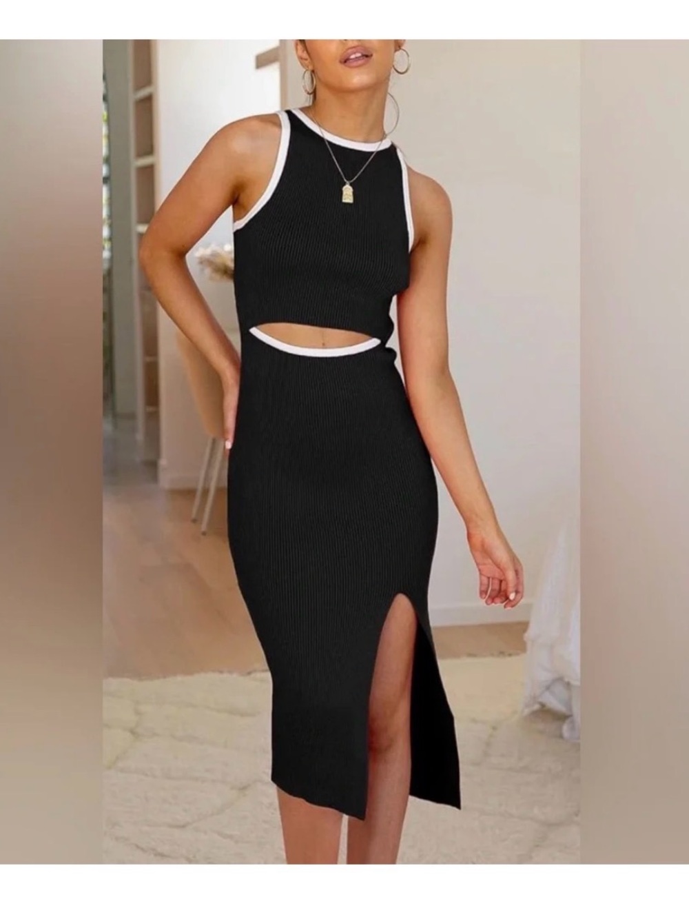 Pretty Garden Midi Open Midriff Side Slit Black Ribbed Dress Women’s XL NWOT